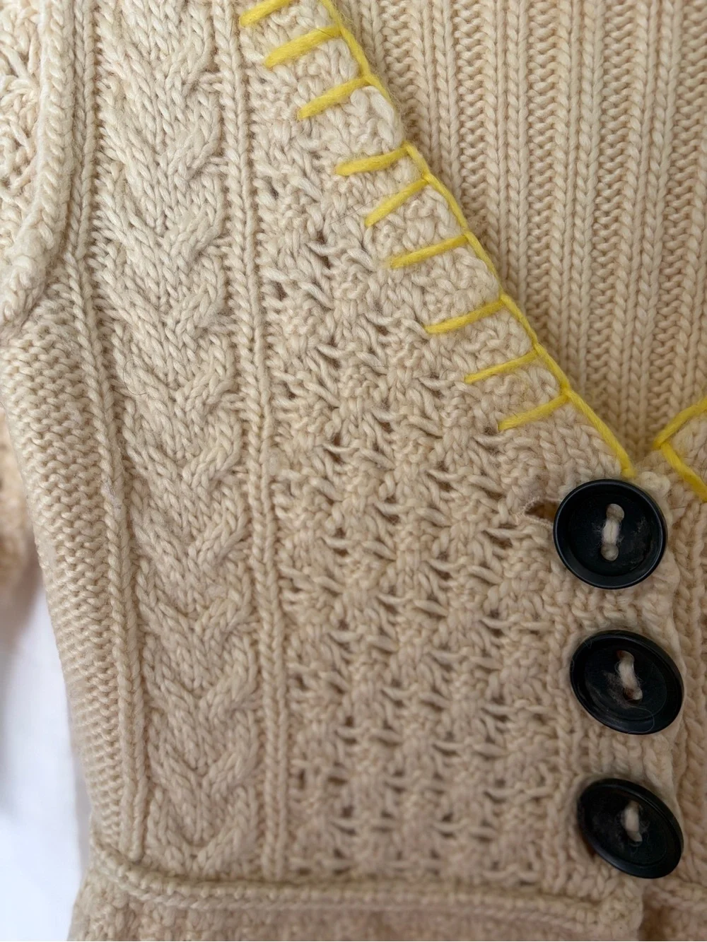 Free People Cream Knit V-Neck Button Cardigan with Yellow Trim Size Small